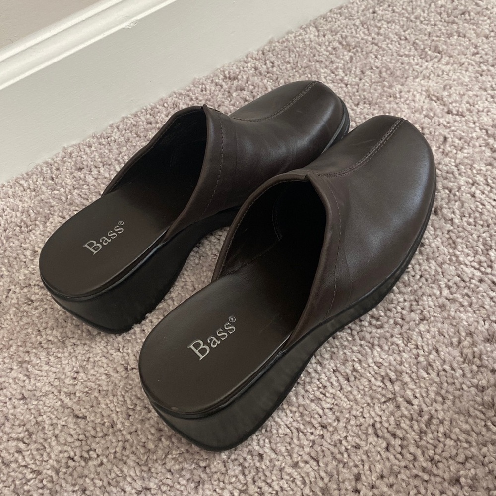 Bass Ivette Women Leather Slip On Wedge Clog Brown Sz 6